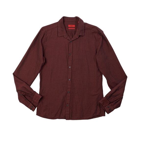Hugo Boss Shirt Mens Medium Extra Slim Fit Rich Red Black Cotton Blend Button Up - Picture 1 of 9